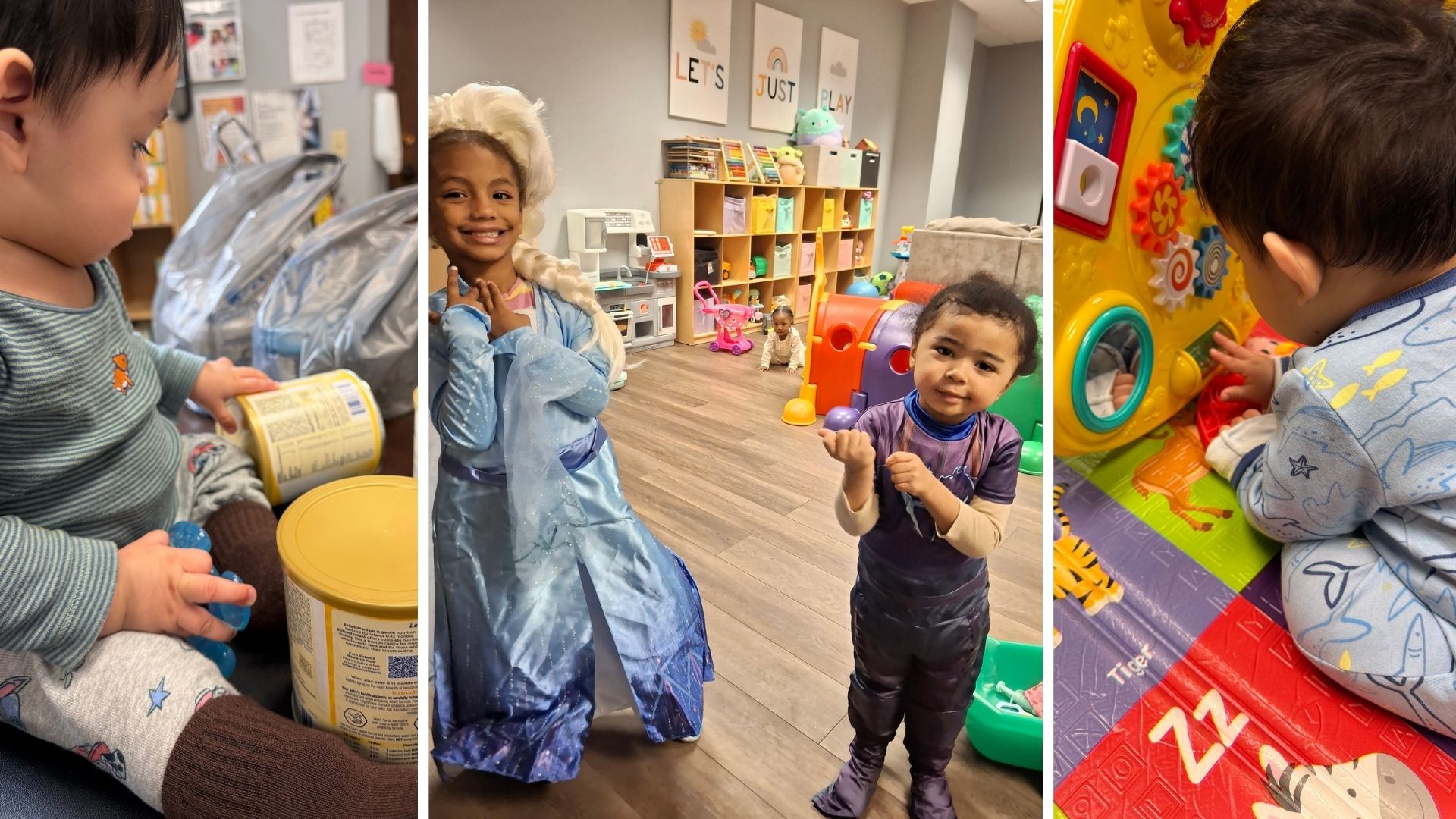 A baby holds a canister of infant formula next to supply bags; a young girl in a princess costume smiles in a bright, toy-filled playroom at the Brightpoint Rockford Crisis Nursery; a toddler explores a colorful activity toy on a foam play mat.