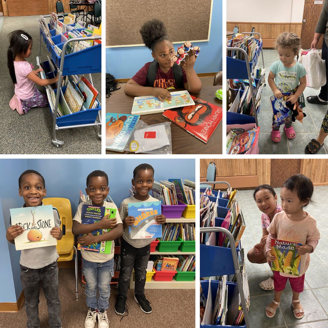 Children at Brooke Road Community Center browse books from rolling carts and proudly hold their selections during after-school reading time.
