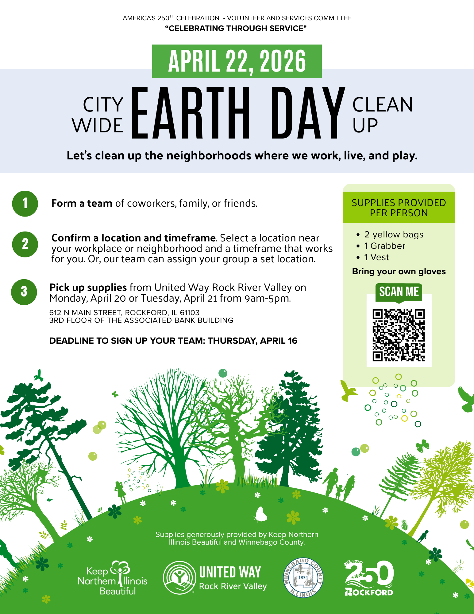 City Wide Earth Day Cleanup flyer for April 22, 2026. Hosted by United Way Rock River Valley. Form a team, confirm a location, and pick up supplies April 20–21 at 612 N Main Street, Rockford, IL. Sign-up deadline: April 16. Supplies provided per person: 2 yellow bags, 1 grabber, 1 vest. Bring your own gloves.