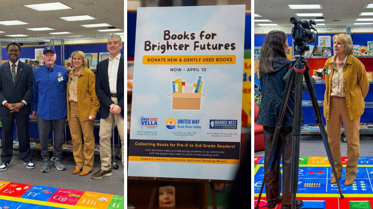 A three-panel photo collage from the Books for Brighter Futures press conference. Left: Rep. Maurice West, Alpine Kiwanis member Mel Welch, Julie Bosma, and Rep. Dave Vella pose together in front of a display of children's books. Center: The Books for Brighter Futures promotional sign showing donation details and drop-off locations. Right: Julie Bosma is interviewed on camera by a local news crew.