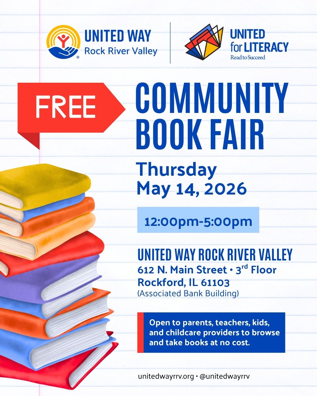 Free Community Book Fair at United Way Rock River Valley — Thursday, May 14, 2026, 12:00–5:00 PM, 612 N. Main Street, 3rd Floor, Rockford, IL