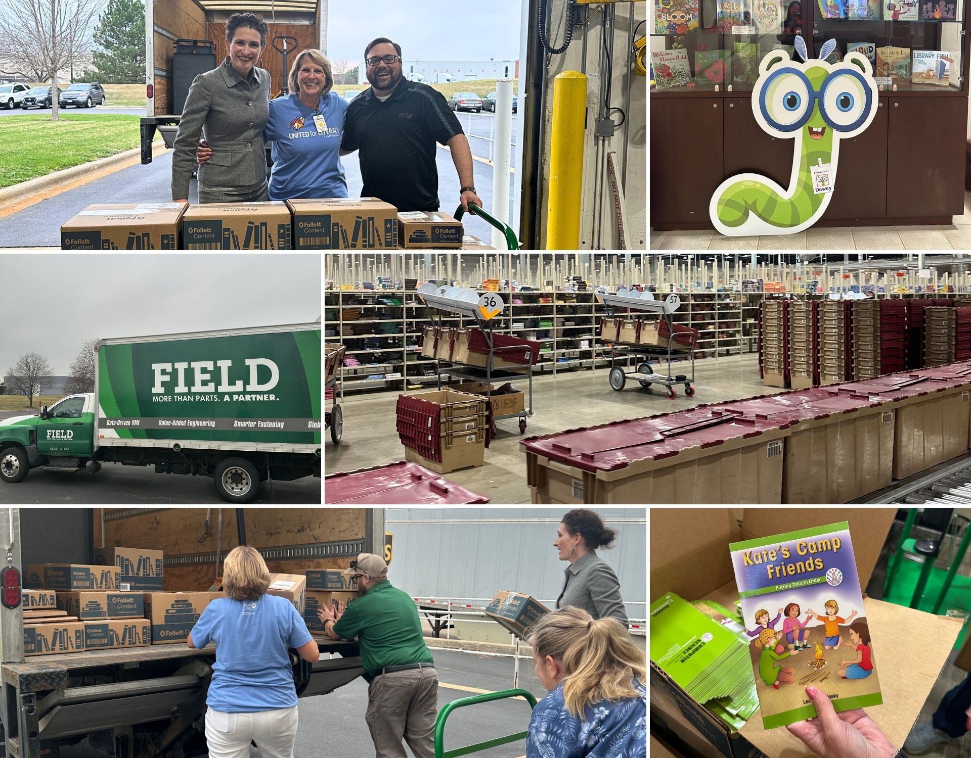 Britten Follett (CEO, Follett Content), Julie Bosma (United Way Rock River Valley), and Casey Lester (UWRRV Board Chair and Field) unload boxes of donated books from a truck as part of the Books for Brighter Futures drive.