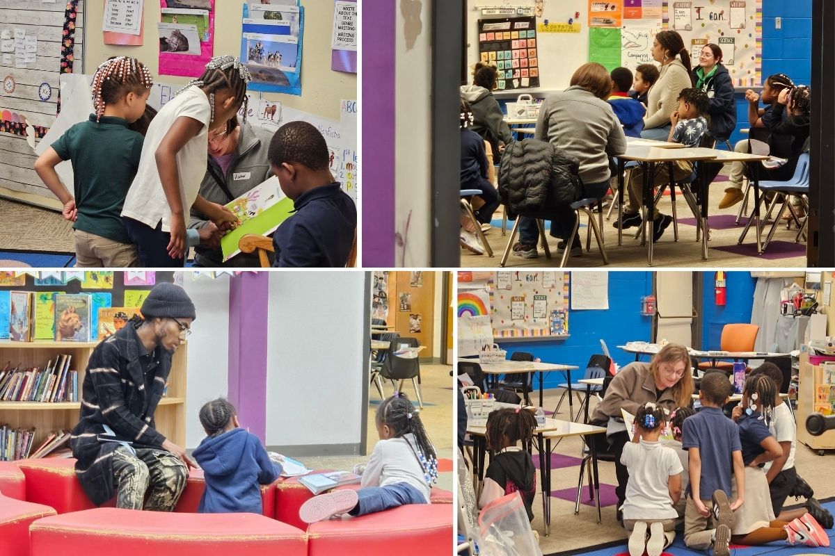 A four-photo collage showing Reading Buddies volunteers working one-on-one and in small groups with elementary students in Jackson Charter School classrooms and the school library.