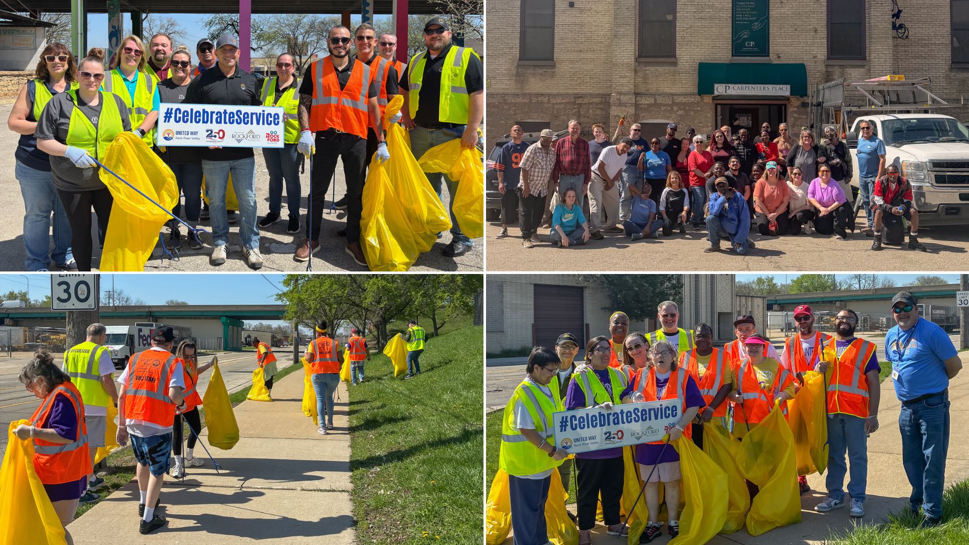 Collage of Earth Day cleanup volunteers across Rockford, including a McDonald's team holding a #CelebrateService sign, a large group gathered in front of Carpenter's Place, and two other teams in high-visibility vests collecting litter along neighborhood streets.