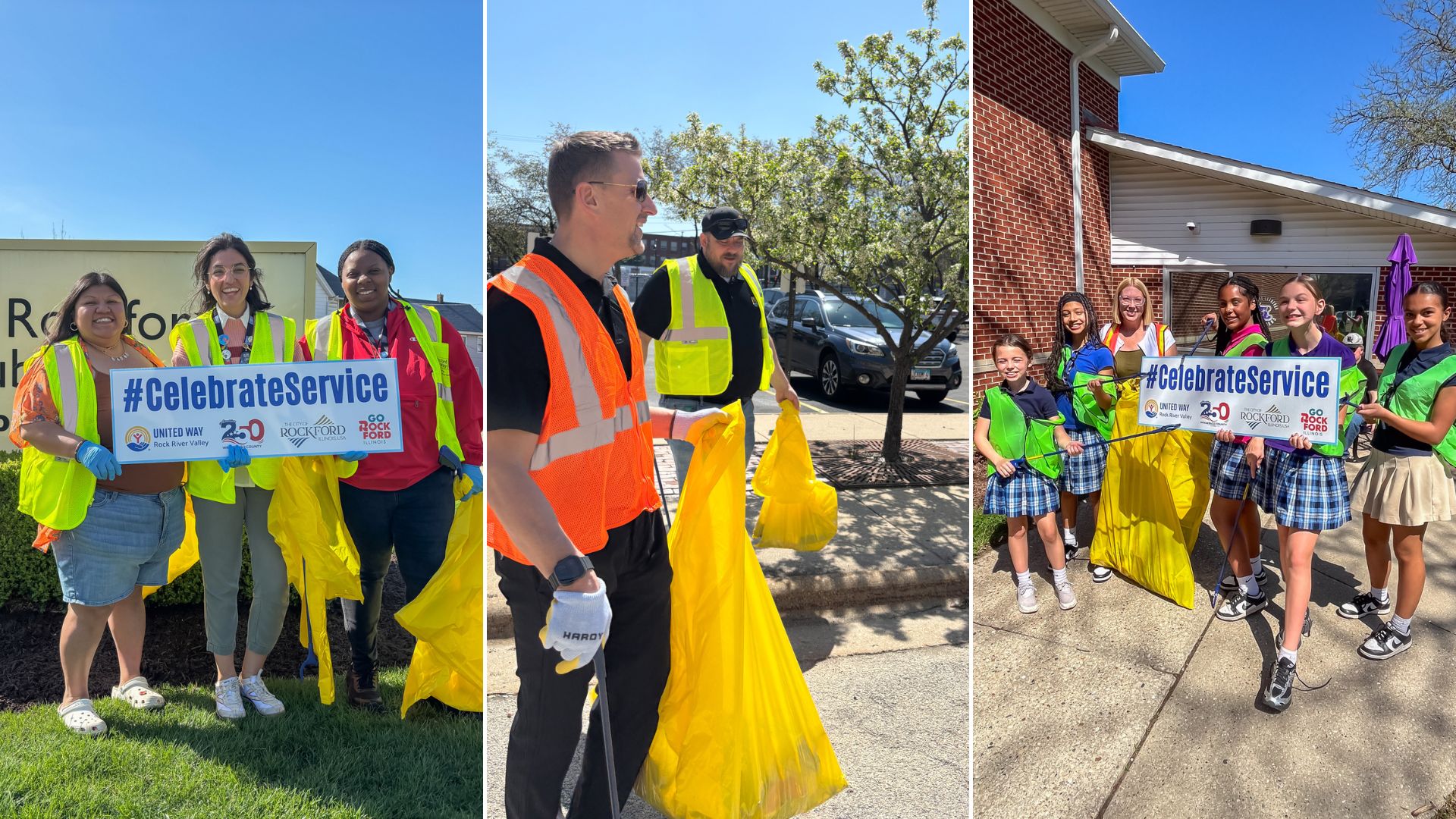 Three panels showing Earth Day cleanup volunteers: a trio of young women in safety vests holding a #CelebrateService sign near a Rockford Public Library branch, two men in orange and yellow vests collecting trash bags along a downtown sidewalk, and a group of elementary-age students in green vests holding the #CelebrateService sign outside their school.