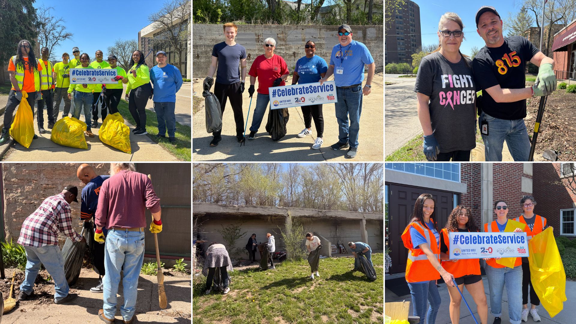 Six-panel collage of Earth Day cleanup volunteers across Rockford neighborhoods: teams posing with #CelebrateService signs, volunteers sweeping sidewalks and picking up debris along a riverbank, and pairs of participants in high-visibility vests working together on city streets.