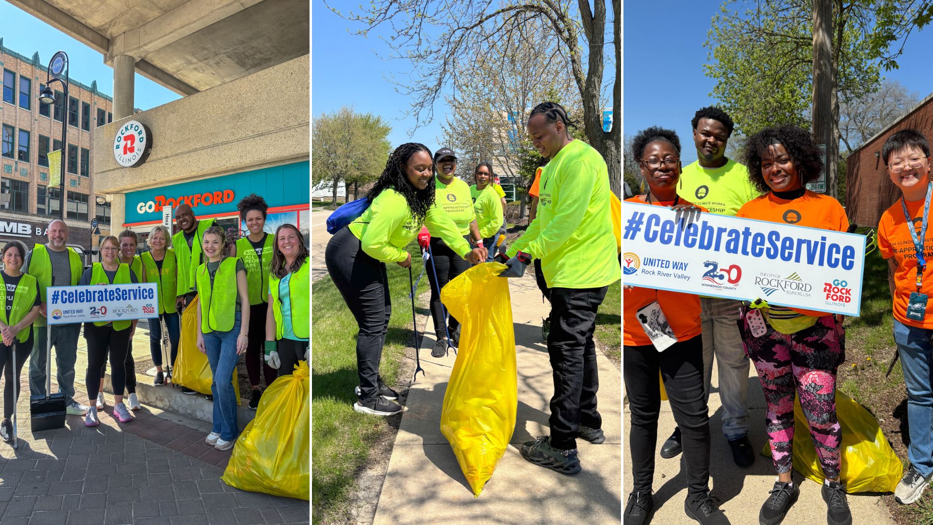 Three-panel photo showing the Go Rockford team posing in front of the Go Rockford storefront with yellow trash bags and a #CelebrateService sign, CEJA Pre-Apprenticeship Program participants in bright yellow shirts picking up litter along a downtown sidewalk, and a small group holding the #CelebrateService sign with America 250, City of Rockford, and Go Rockford logos visible.