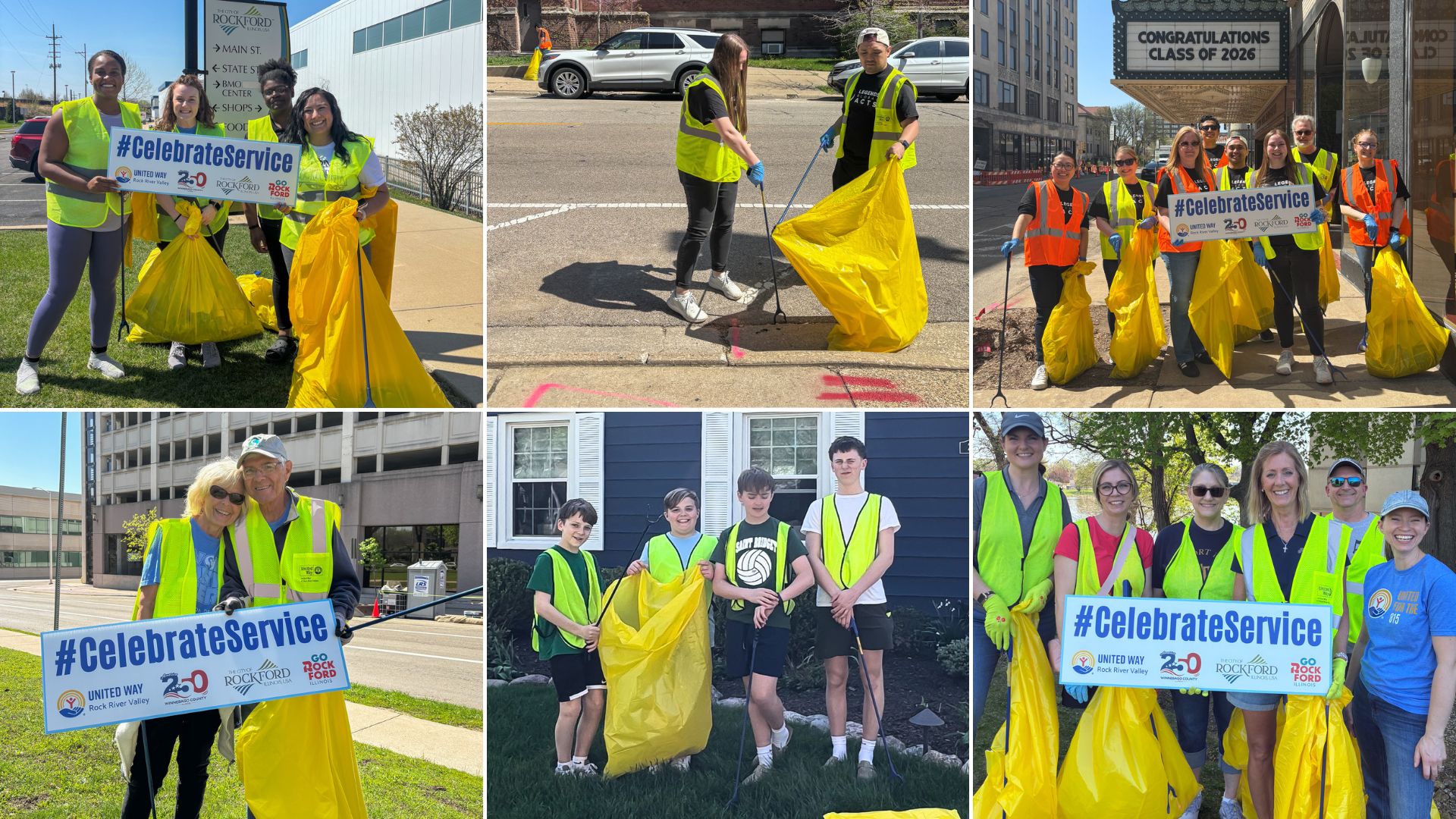 Six-panel collage of Earth Day cleanup participants: a team near a Rockford wayfinding sign, two volunteers picking up litter at an intersection, a group in front of the Coronado Performing Arts Center marquee, an older couple holding a #CelebrateService sign downtown, three young boys in safety vests with trash bags in a residential neighborhood, and a smiling group of women volunteers holding the #CelebrateService sign.