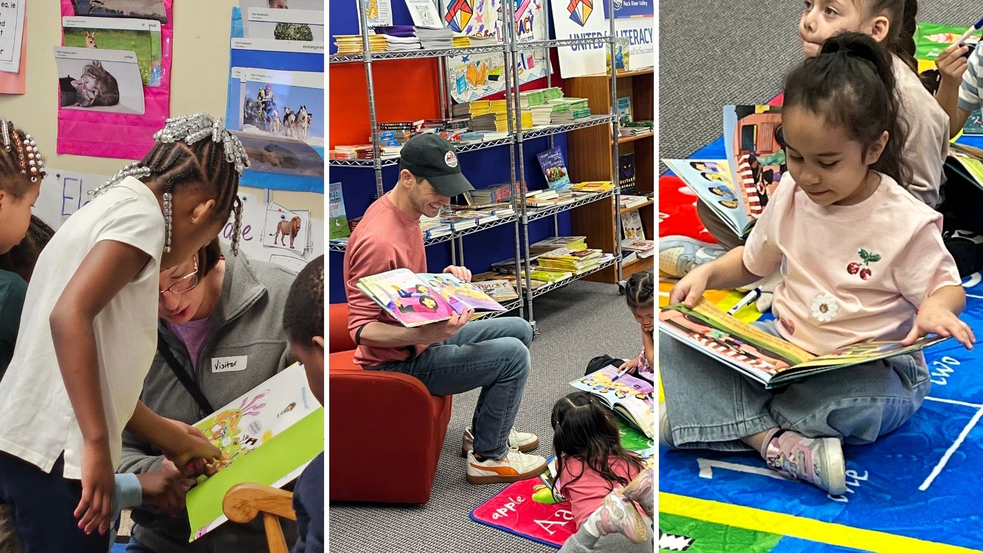 Three scenes of children and volunteers reading together at United Way Rock River Valley literacy programs in Winnebago County
