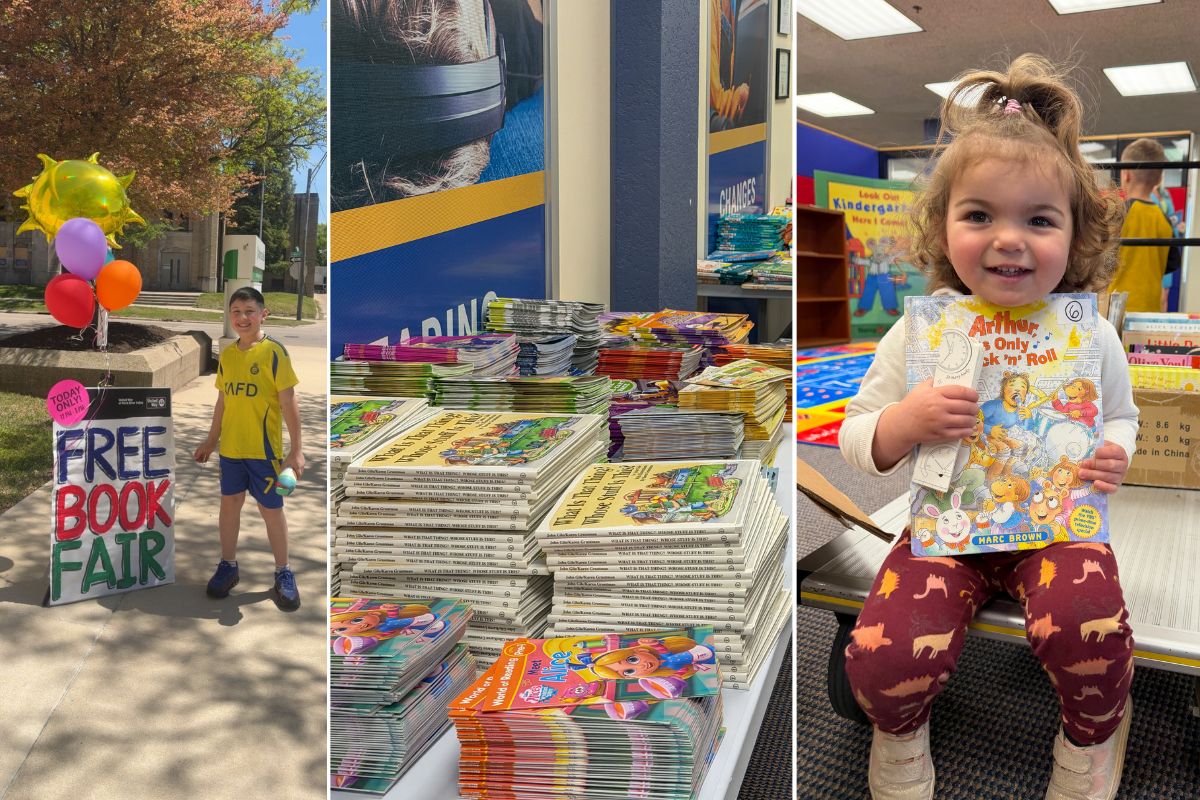 United Way Rock River Valley free community book fair: a boy stands next to a colorful Free Book Fair sign with balloons, tables stacked high with donated books, and a young girl smiles holding an Arthur book she selected at the event.