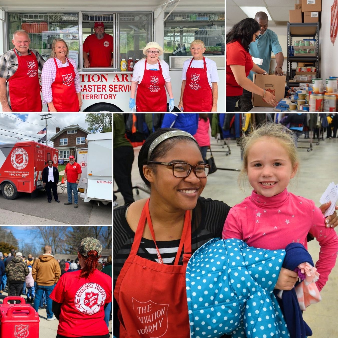 Salvation Army volunteers in red aprons serving meals, sorting food pantry donations, distributing coats, and responding to emergency disaster relief in the Rock River Valley community.