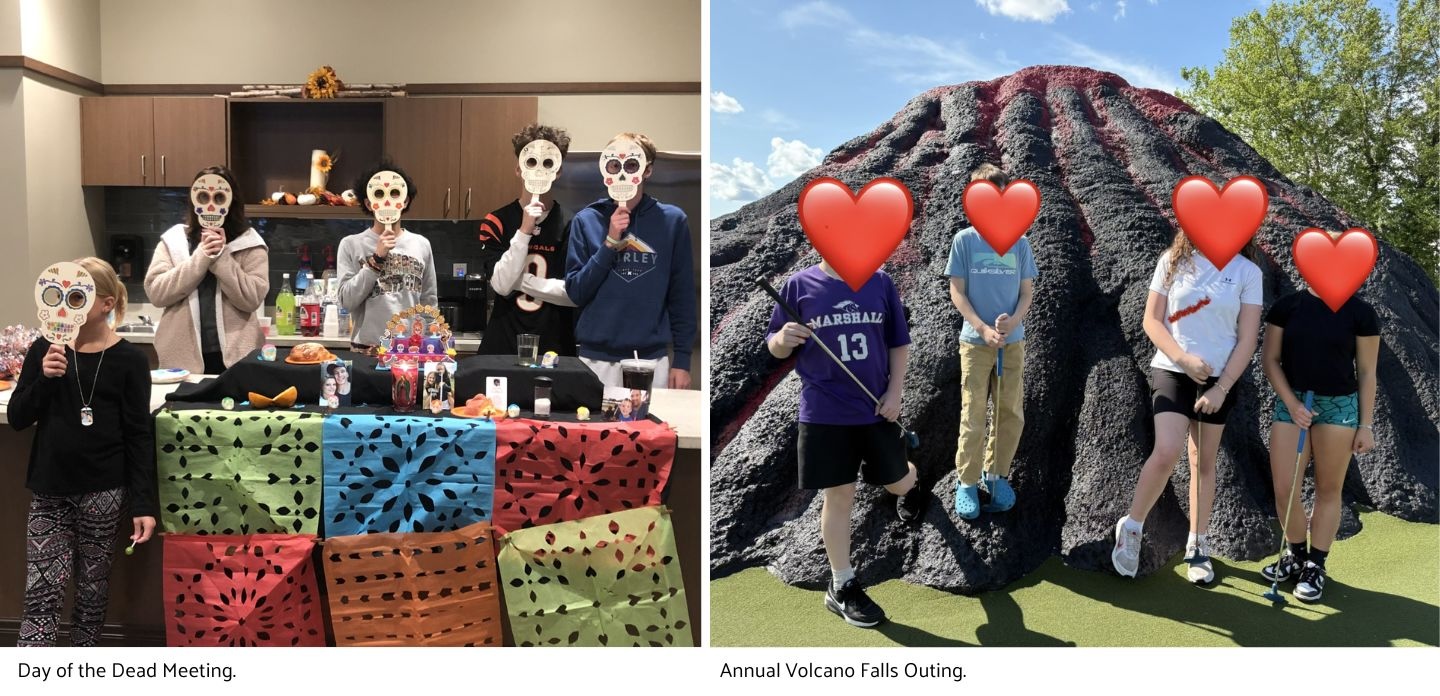 Healing Hearts 815 hold decorative skull masks in front of a Day of the Dead altar with marigolds, photos, and papel picado banners during a group meeting. Healing Hearts 815 members playing mini golf in front of a volcano-themed obstacle at their annual outing to Volcano Falls, faces covered by hearts for privacy.