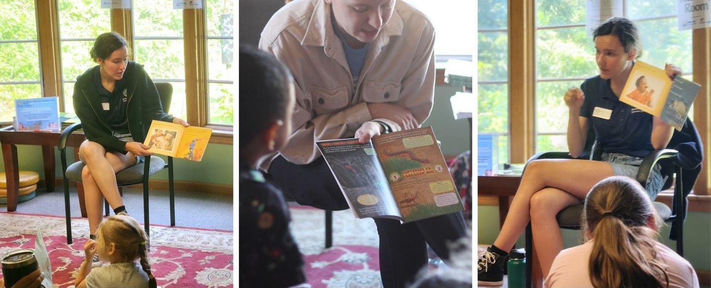 Collage of Science Saturdays at Severson Dells featuring volunteers reading nature-themed books and educational materials to children as part of a literacy and science program supported by United Way.
