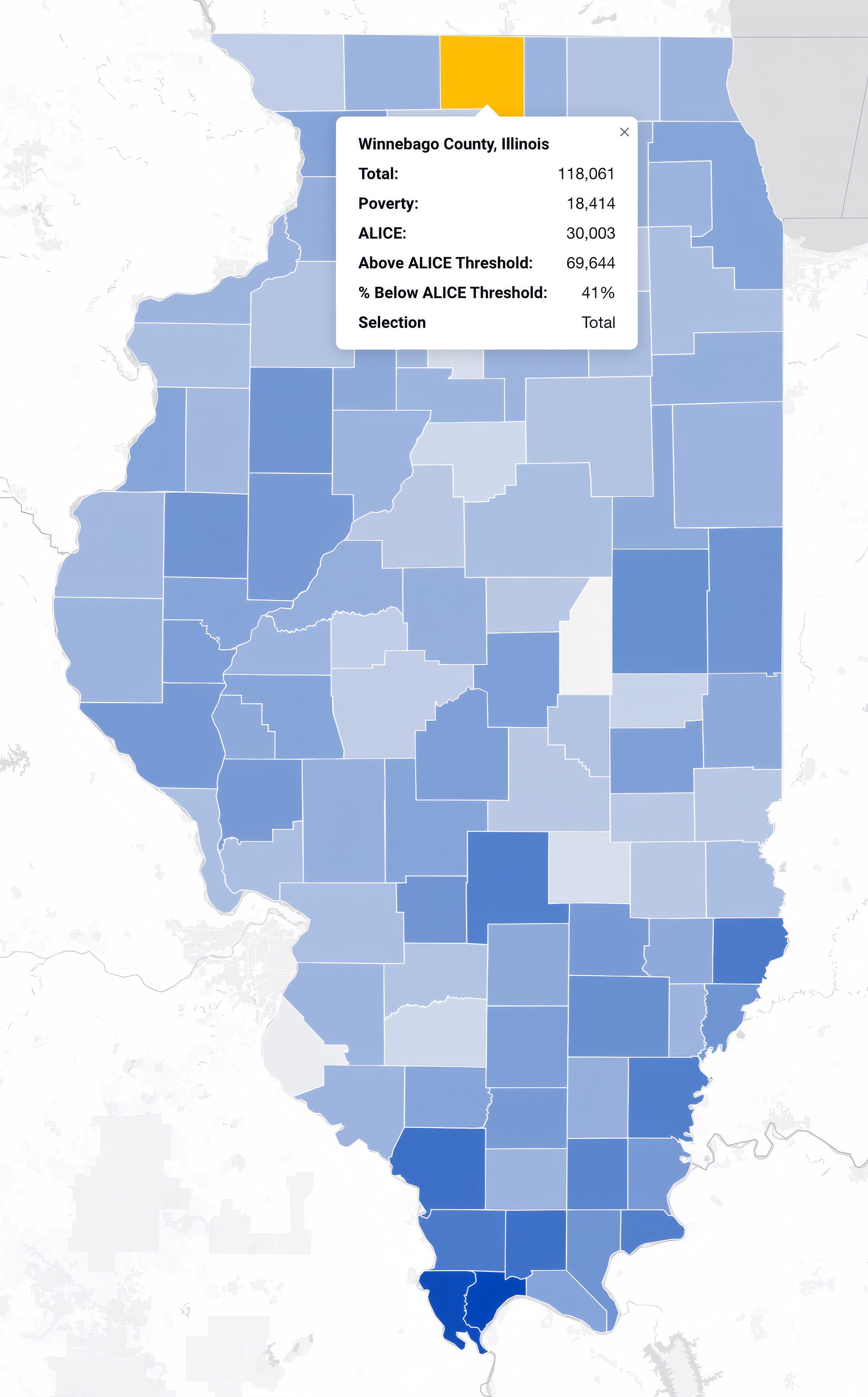 Map of Illinois counties shaded by percentage of households below the ALICE threshold, with Winnebago County highlighted